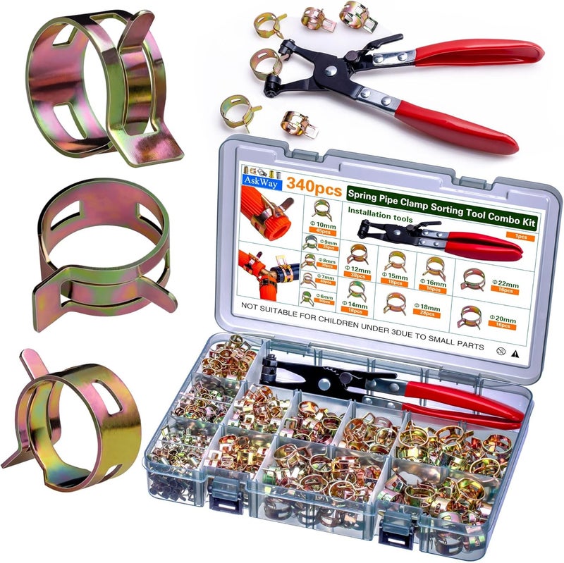 AskWay Spring Pipe Clamps340PCS, With Spring Pipe Clamp Tools, 12 Sizes 6-22mm Spring Hose Clamps, Used To Fix Hose Interfaces In Automotive, Marine, Gardening, Industrial Applications - Image 1